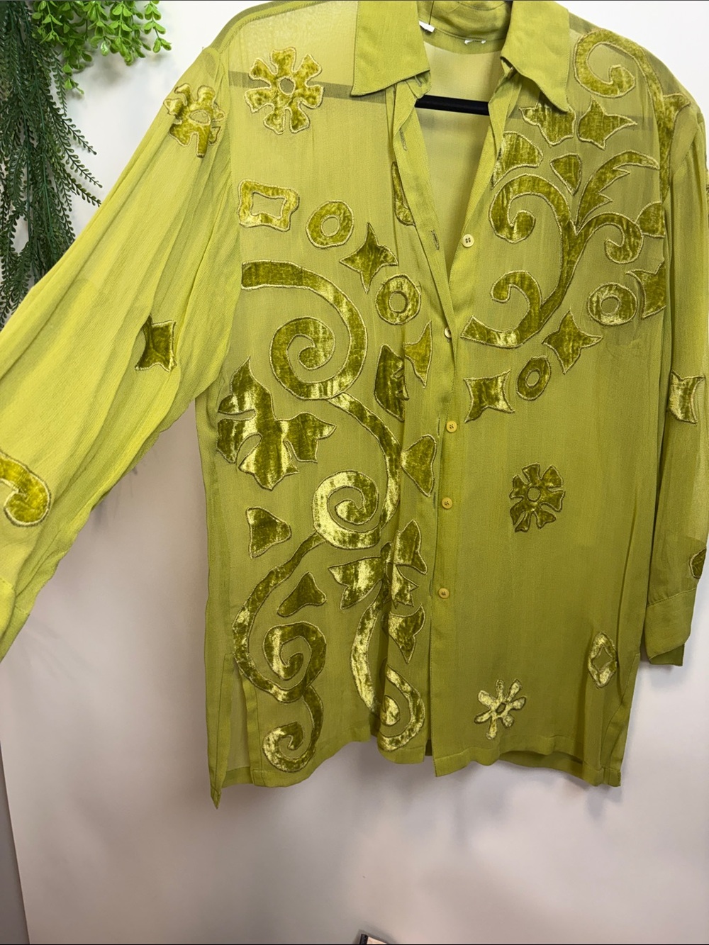 Source Unknown Lime Green Sheer Button-Down Shirt with Velvet Appliqué